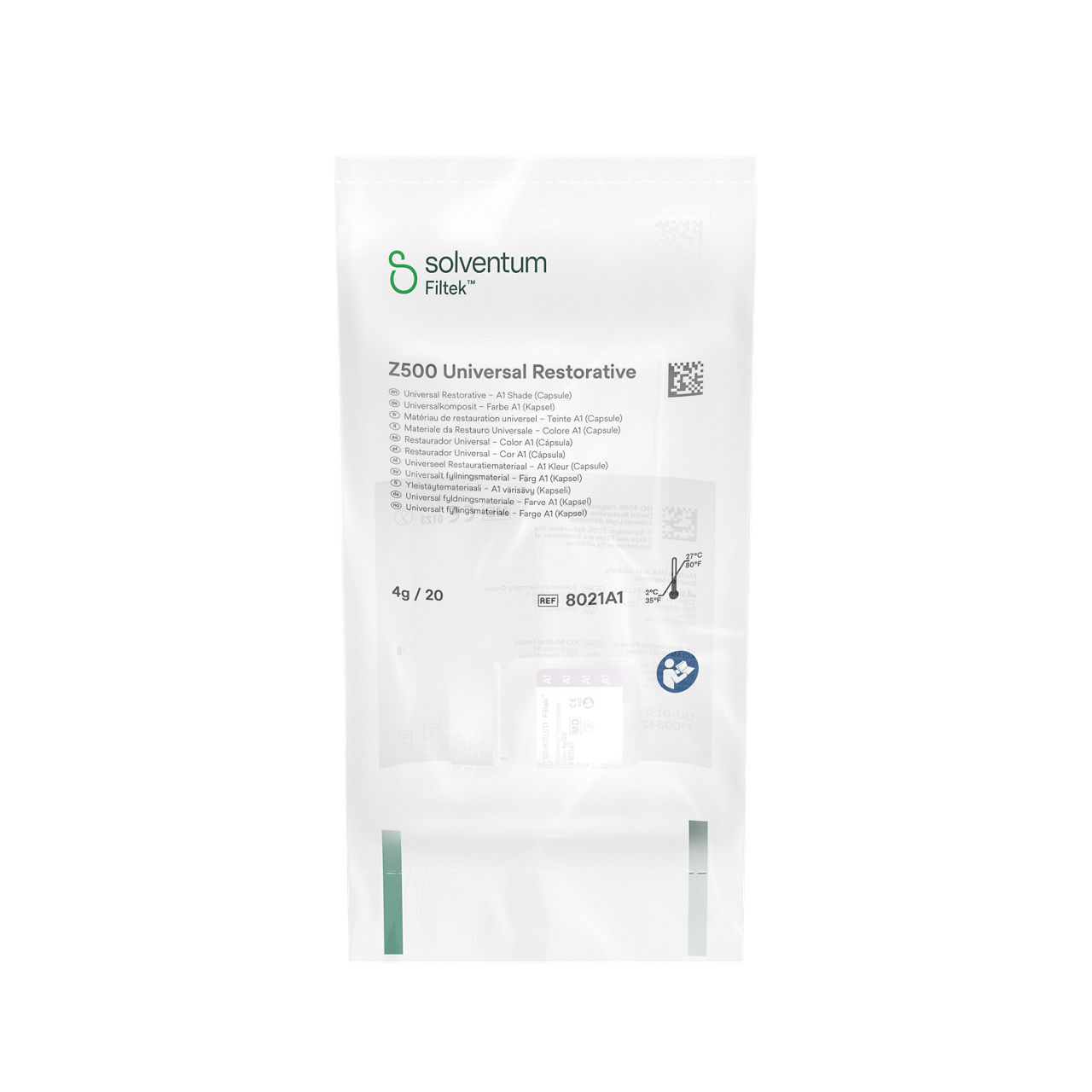 Solventum™ Filtek™ Z500 Universal Restorative, 8021A1, A1, 0.2 g, Capsule, 20/BT - Front, Center, In Packaging (1C1)