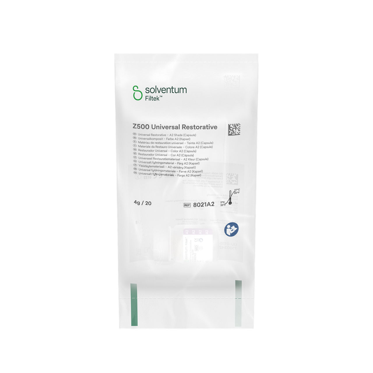 Solventum™ Filtek™ Z500 Universal Restorative, 8021A2, A2, 0.2 g, Capsule, 20/BT - Front, Center, In Packaging (1C1)