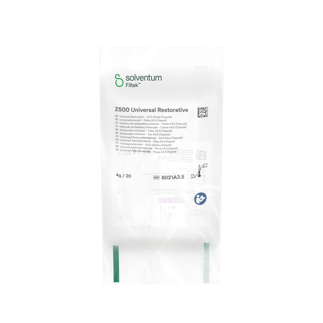 Solventum™ Filtek™ Z500 Universal Restorative, 8021A3.5, A3.5, 0.2 g, Capsule, 20/BT - Front, Center, In Packaging (1C1)