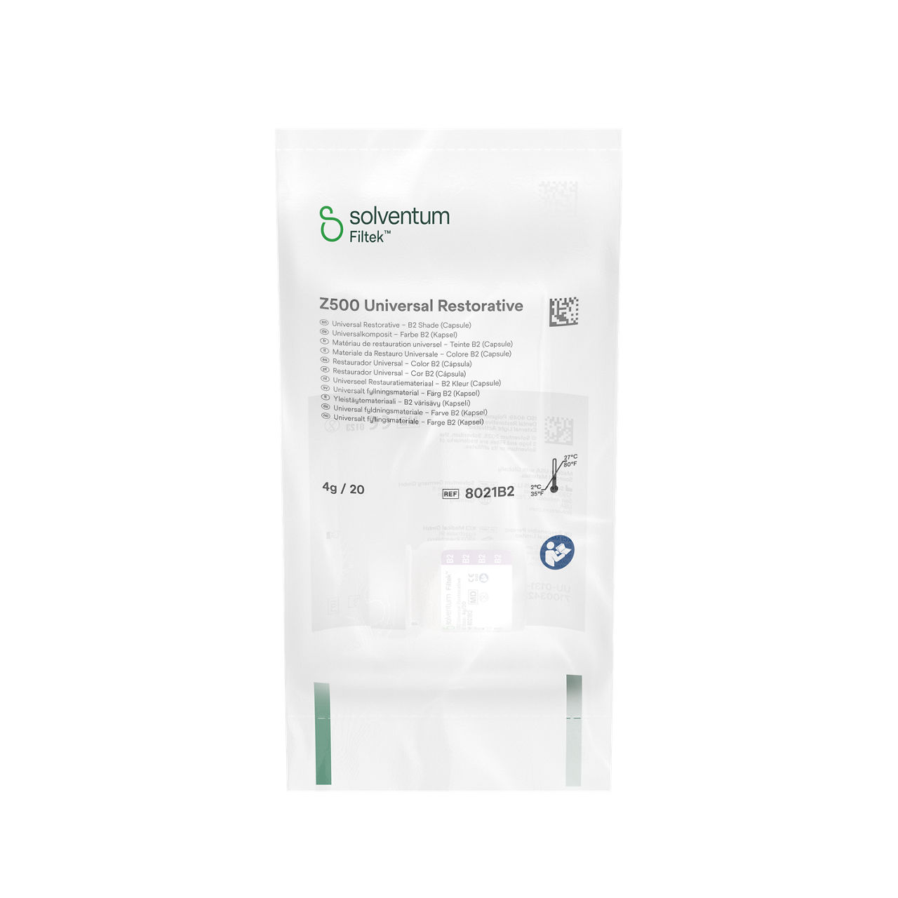 Solventum™ Filtek™ Z500 Universal Restorative, 8021B2, B2, 0.2 g, Capsule, 20/BT - Front, Center, In Packaging (1C1)
