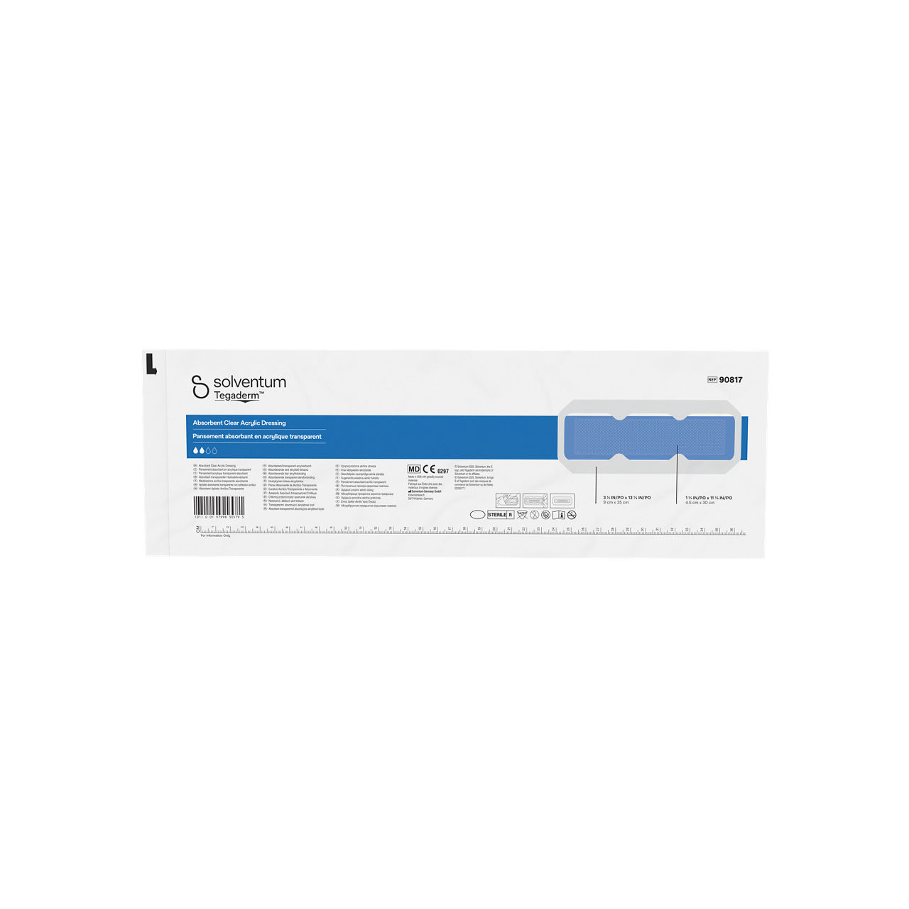 Solventum™ Tegaderm™ Absorbent Clear Acrylic Dressing, 90817, Rectangle, 3-1/2 x 13-3/4 in (9 x 35 cm), 30/CAR, 4 CAR/CS, 120/CS - Front, Center, Out of Packaging (1C0)