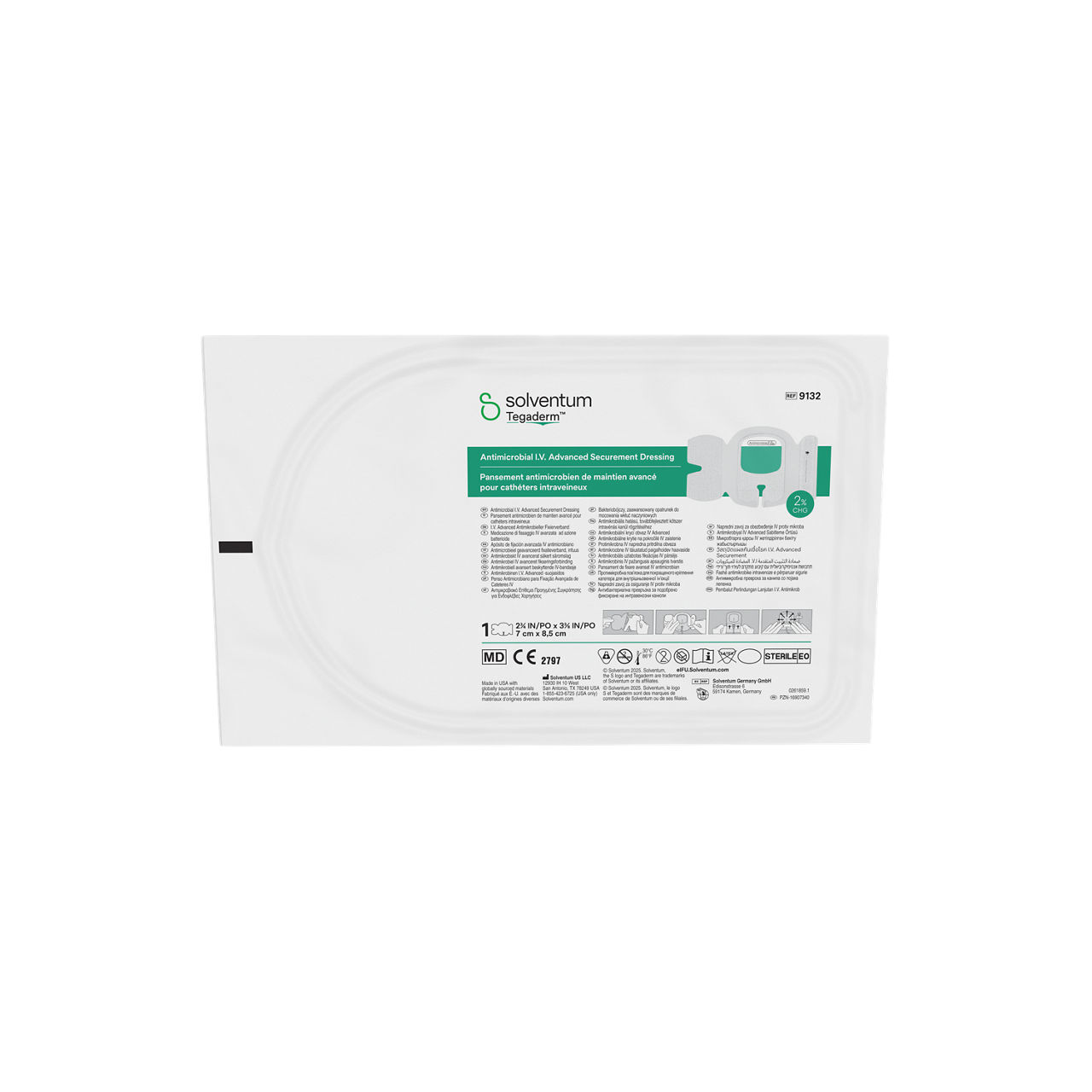 Solventum™ Tegaderm™ Antimicrobial I.V. Advanced Securement Dressing, 9132, 2 3/4 in x 3 3/8 in, 25/CAR, 4 CAR/CS, 100/CS - Front, Center, Out of Packaging (1C0)