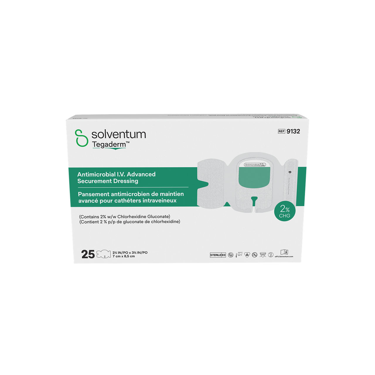 Solventum™ Tegaderm™ Antimicrobial I.V. Advanced Securement Dressing, 9132, 2 3/4 in x 3 3/8 in, 25/CAR, 4 CAR/CS, 100/CS - Front, Center, In Packaging (1C1)