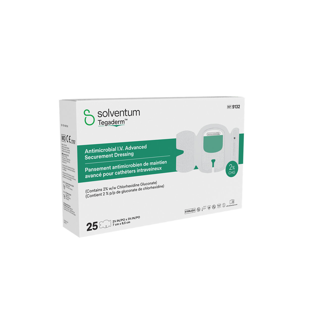 Solventum™ Tegaderm™ Antimicrobial I.V. Advanced Securement Dressing, 9132, 2 3/4 in x 3 3/8 in, 25/CAR, 4 CAR/CS, 100/CS - Front, Left, In Packaging (1L1)