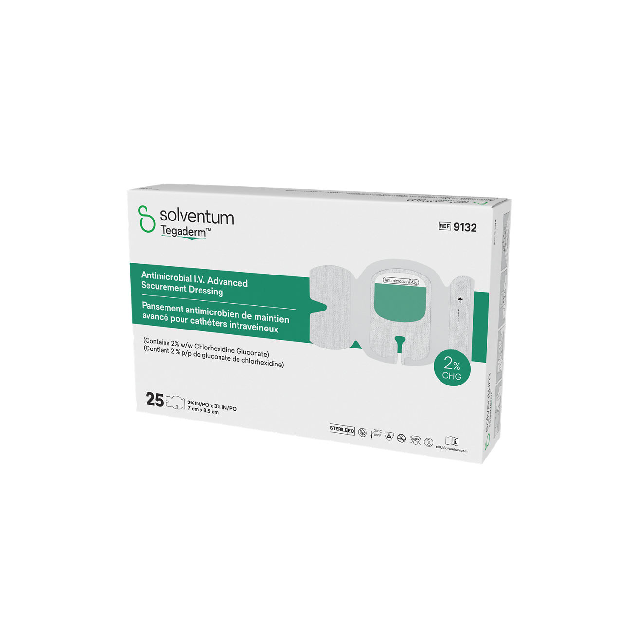 Solventum™ Tegaderm™ Antimicrobial I.V. Advanced Securement Dressing, 9132, 2 3/4 in x 3 3/8 in, 25/CAR, 4 CAR/CS, 100/CS - Front, Right, In Packaging (1R1)