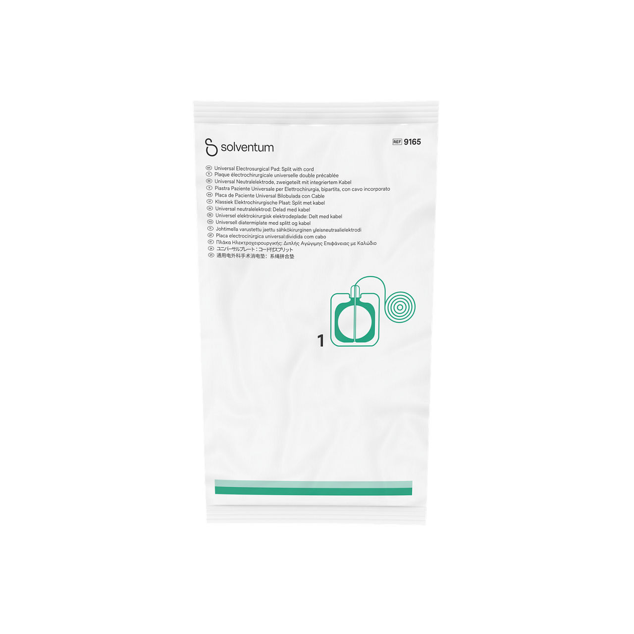 Solventum™ Universal Electrosurgical Plate, 9165 (9165SP Small Pack), 12 cm x 13.5 cm, Split, with Pre-attached Cord, 1/PAC, 40 PAC/CS
 - Front, Center, In Packaging (1C1)