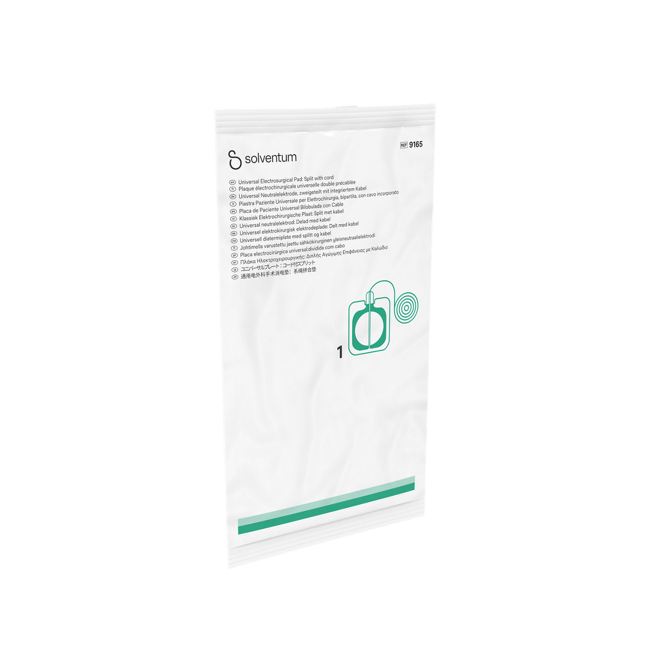 Solventum™ Universal Electrosurgical Plate, 9165 (9165SP Small Pack), 12 cm x 13.5 cm, Split, with Pre-attached Cord, 1/PAC, 40 PAC/CS
 - Front, Left, In Packaging (1L1)