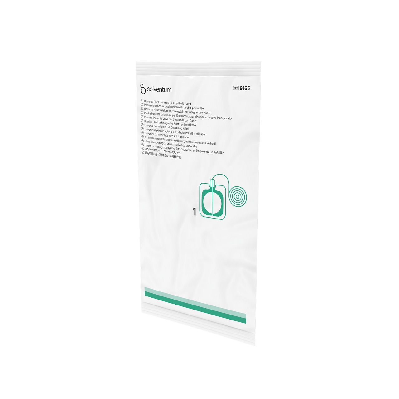 Solventum™ Universal Electrosurgical Plate, 9165 (9165SP Small Pack), 12 cm x 13.5 cm, Split, with Pre-attached Cord, 1/PAC, 40 PAC/CS
 - Front, Right, In Packaging (1R1)