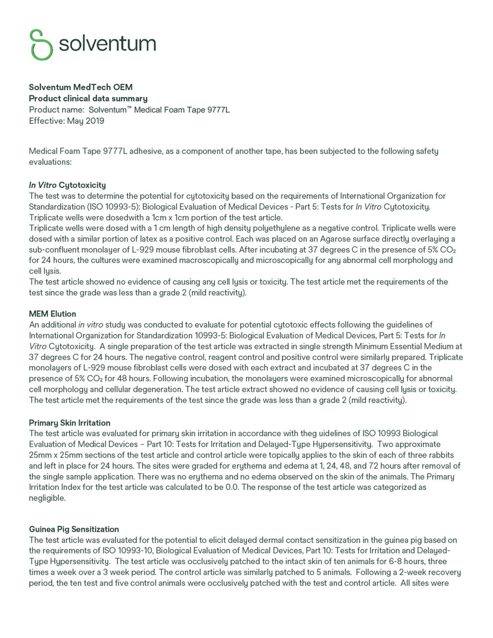 Solventum™ Medical Foam Tape 9777L, Clinical Data Summary