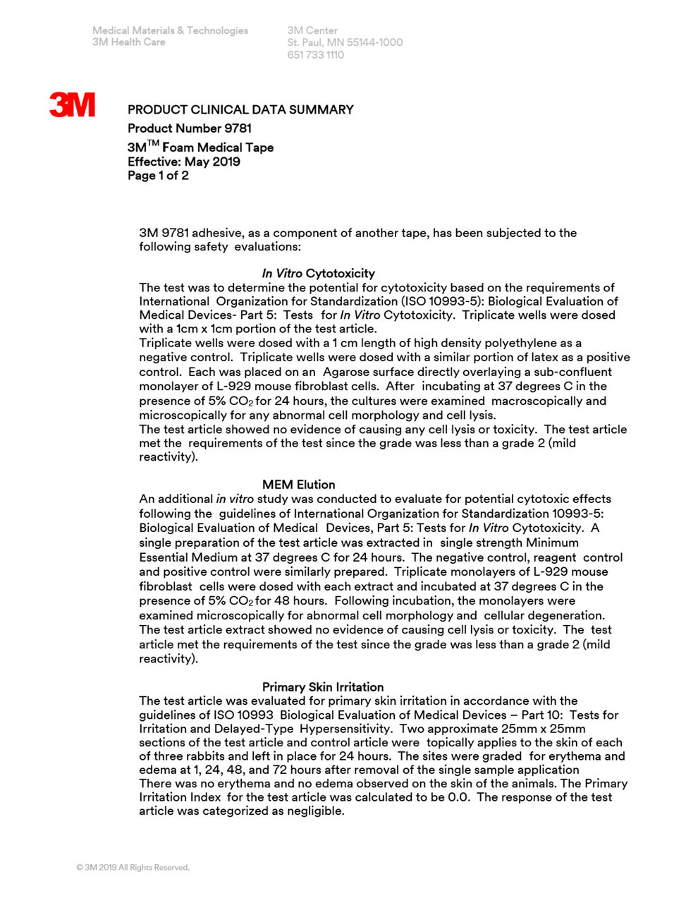 3M™ Medical Foam Tape 9781, Biocompatibility Summary