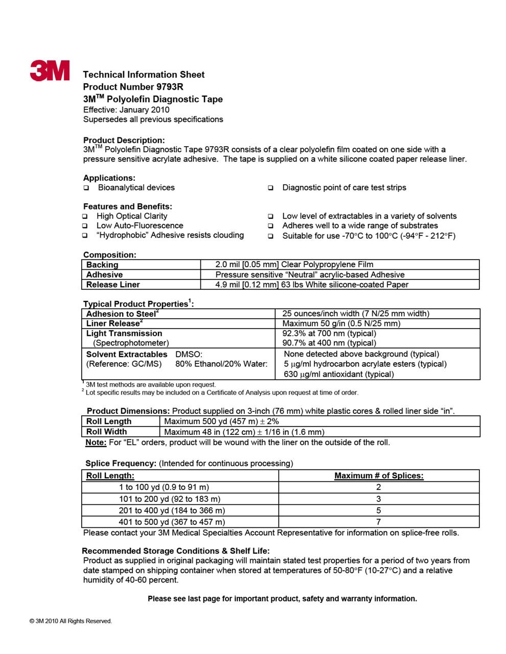 3M™ Microfluidic Diagnostic Tape 9793R, Technical Information Sheet
