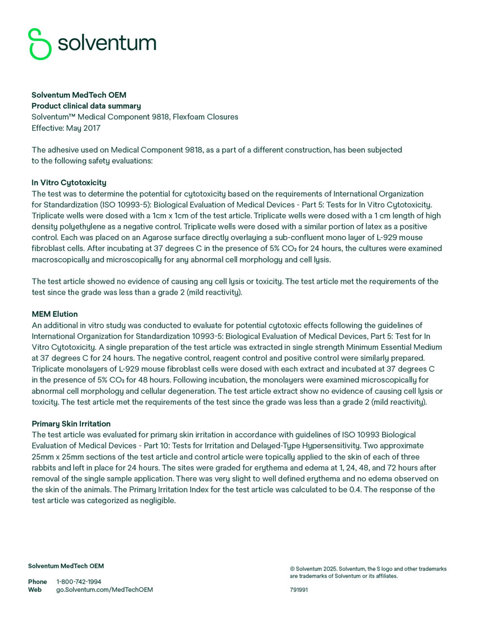 Solventum™ Medical Component 9818 Product Clinical Data Summary