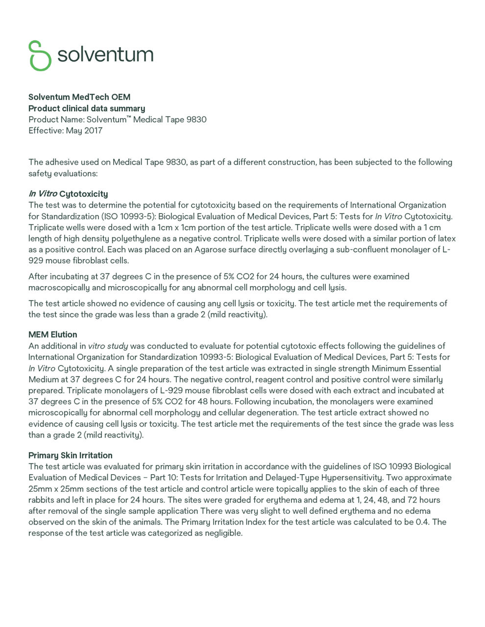 Solventum™ Medical Tape 9830, Clinical Data Summary