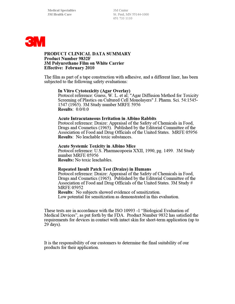 3M™ Medical Film 9832F, Biocompatibility Summary