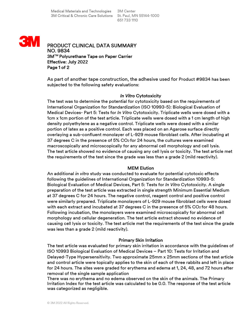 3M™ Medical Tape 9834, Biocompatibility Summary
