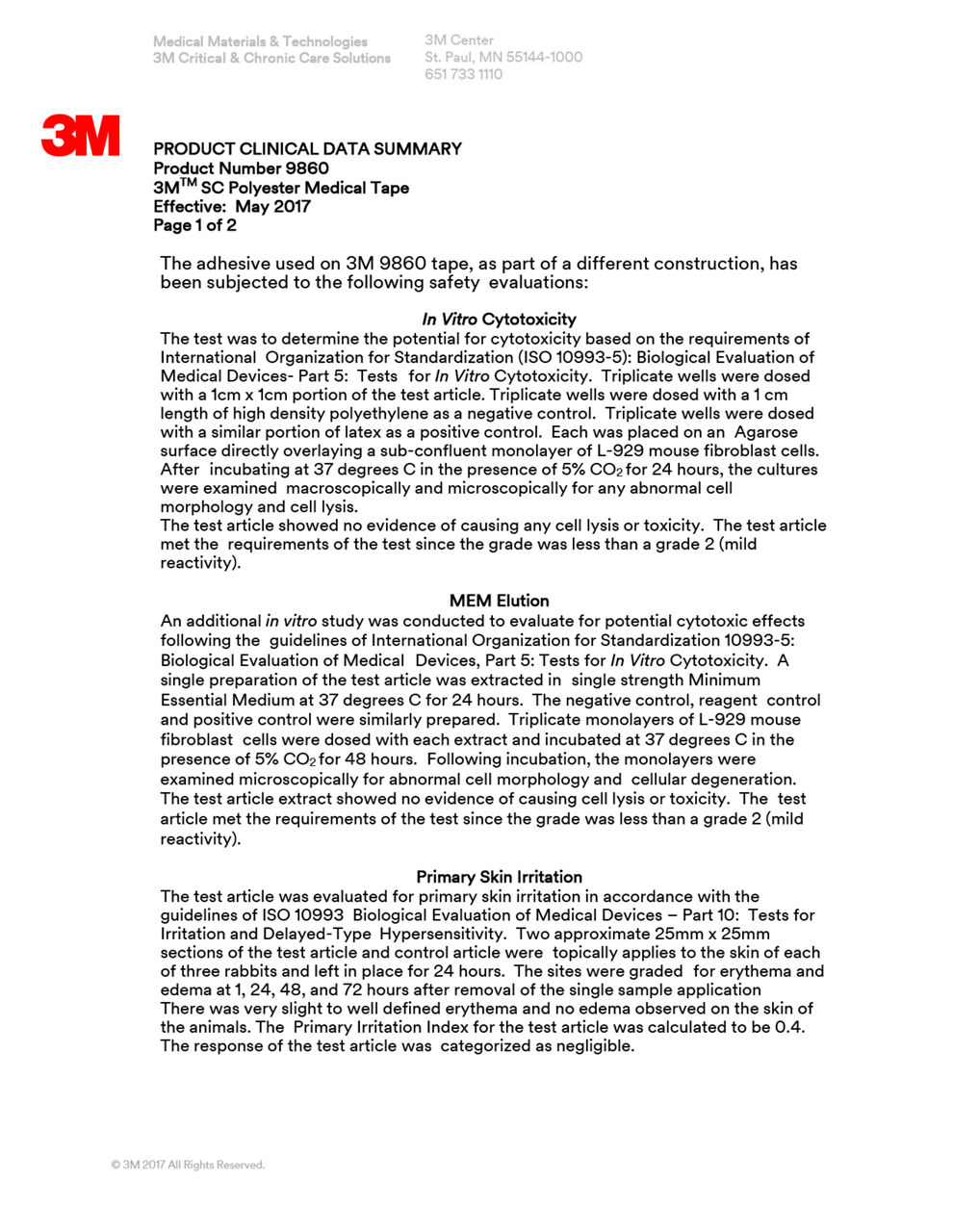 3M™ Medical Tape 9860, Biocompatibility Summary