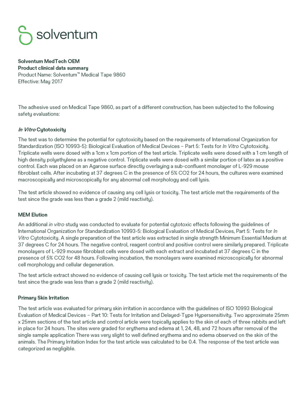 Solventum™ Medical Tape 9860 Product Clinical Data Summary