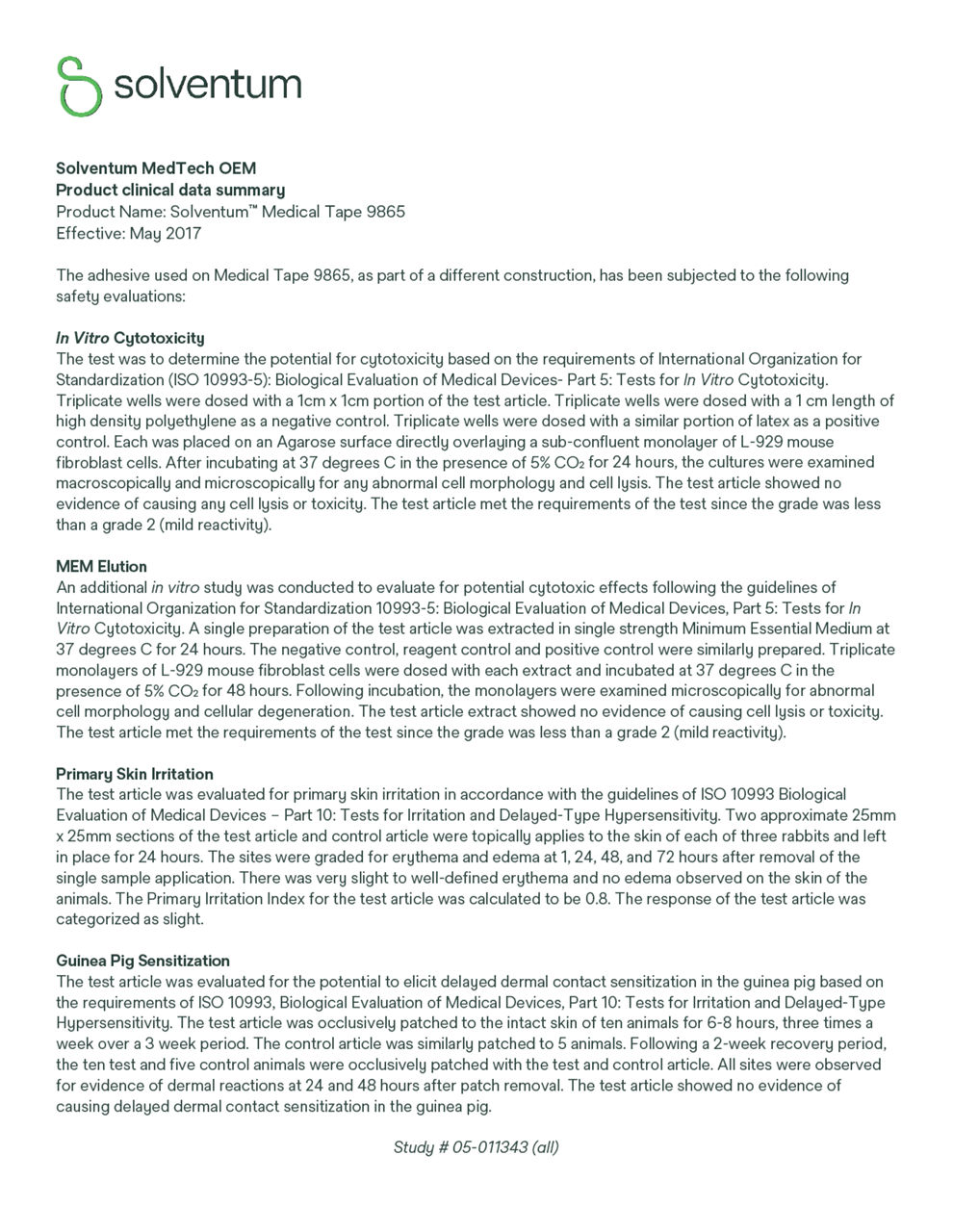 Solventum™ Medical Tape 9865, Clinical Data Summary