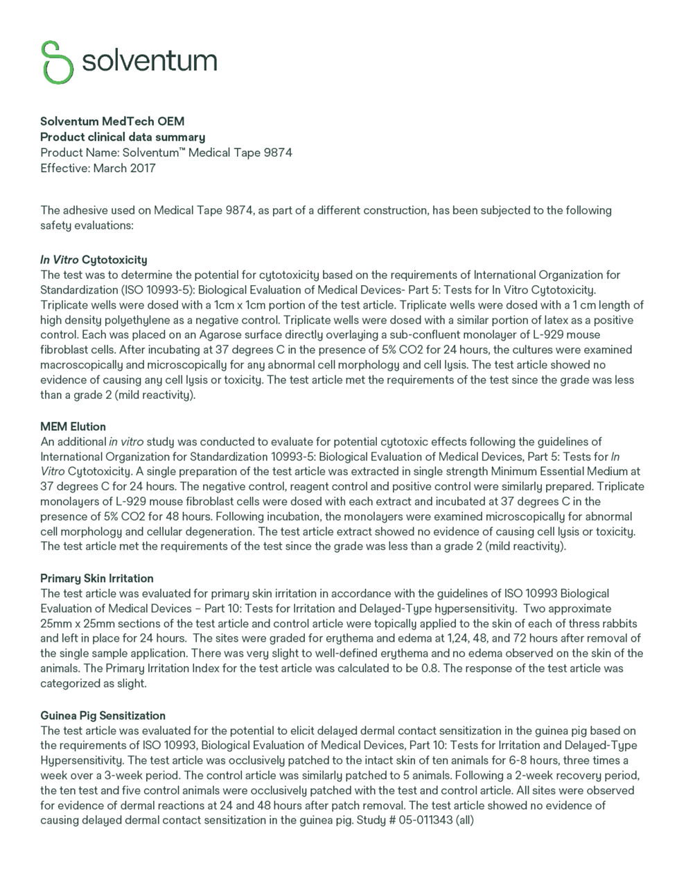 Solventum™ Medical Tape 9874, Clinical Data Summary