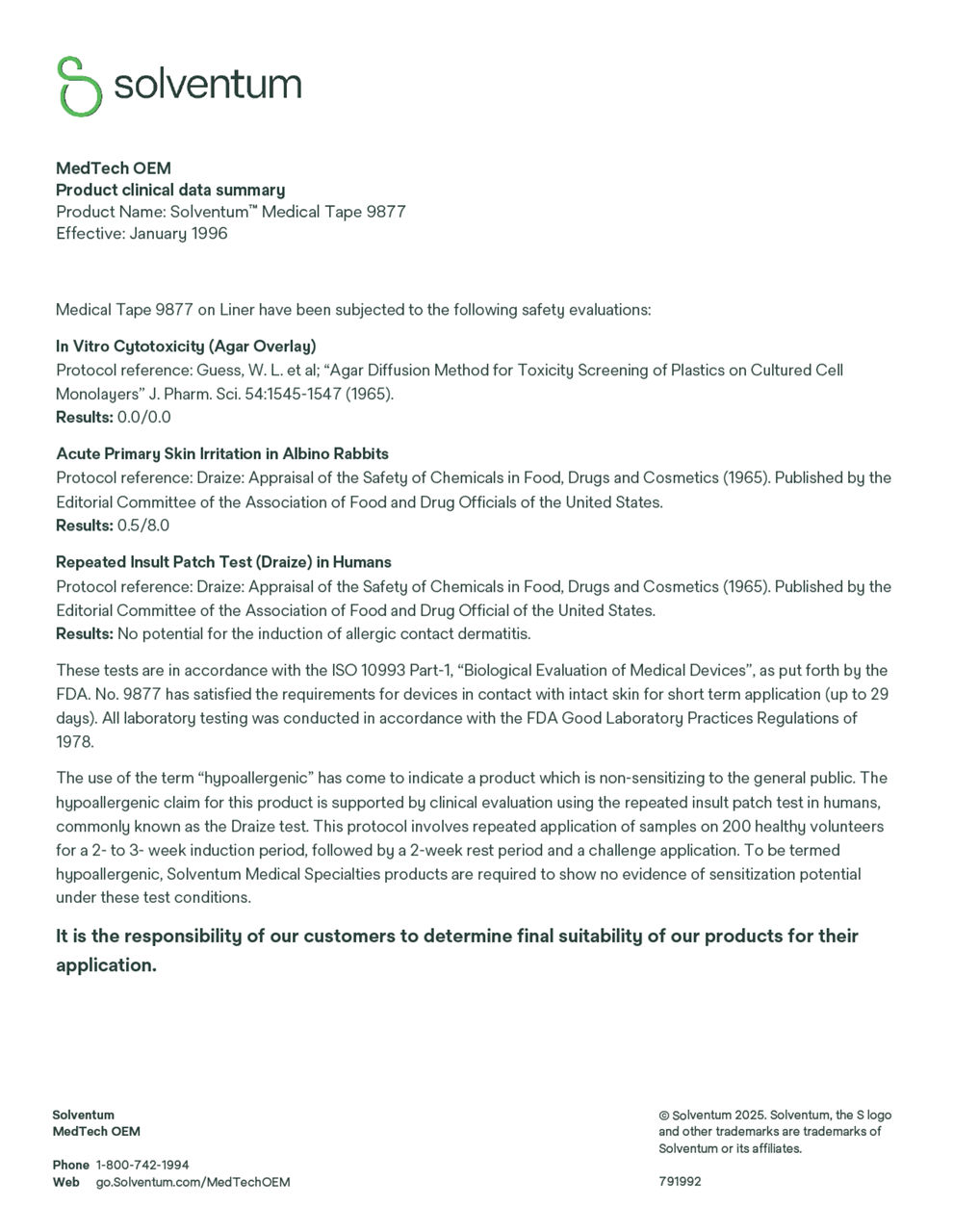 Medical Tape 9877, Biocompatibility Summary