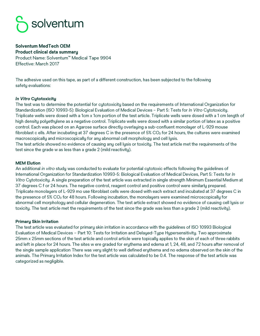 Solventum™ Medical Tape 9904, Product clinical data summary