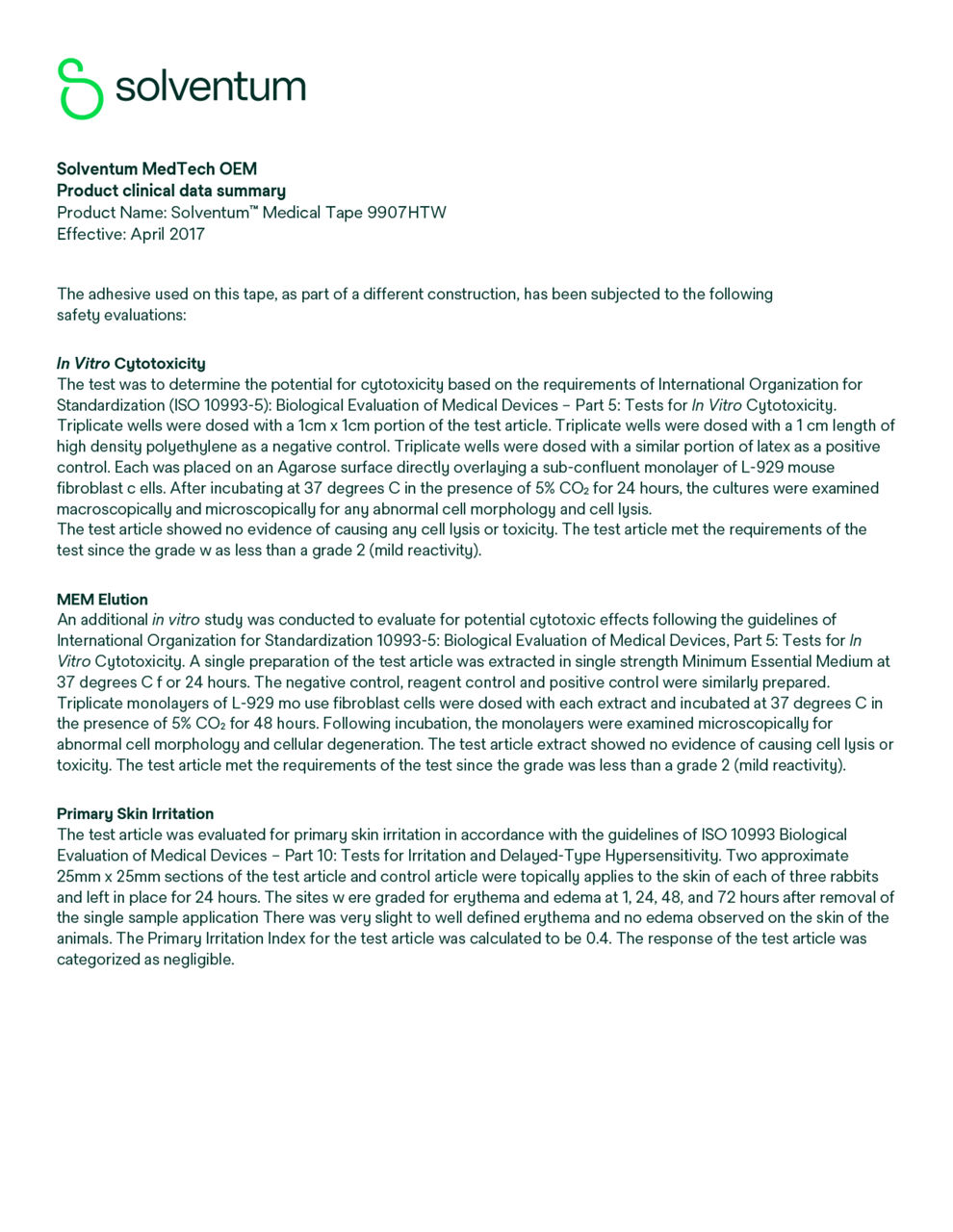 Solventum™ Medical Tape 9907HTW, Product clinical data summary