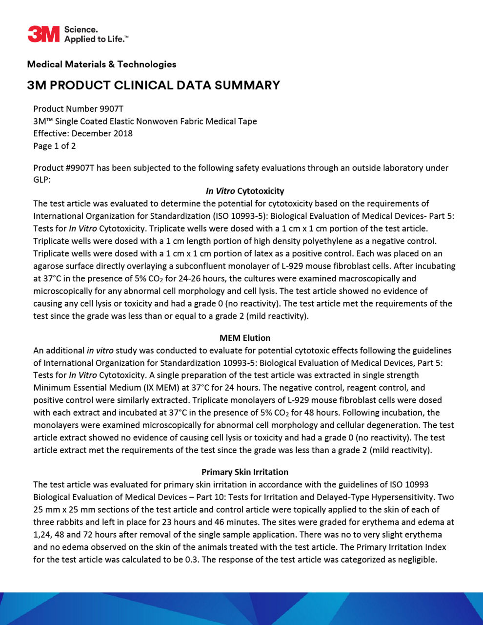 Solventum™ Medical Tape 9907T, Biocompatibility Summary