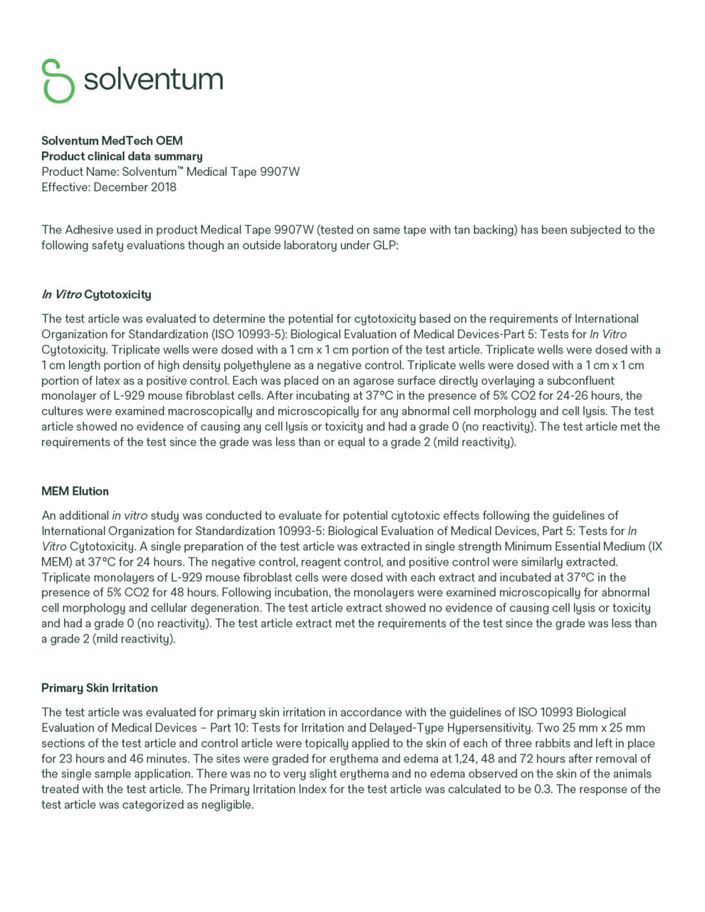 Solventum™ Medical Tape 9907W, Clinical Data Summary