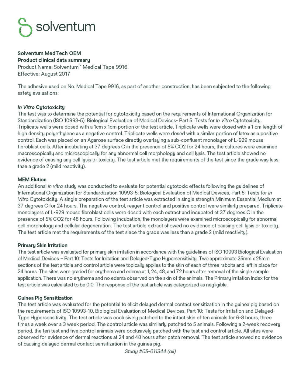 Solventum™ Medical Tape 9916, Clinical Data Summary