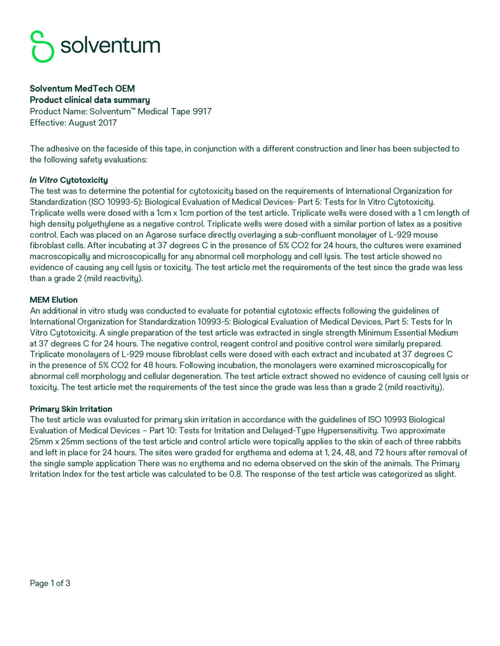 Solventum™ Medical Tape 9917, Clinical Data Summary