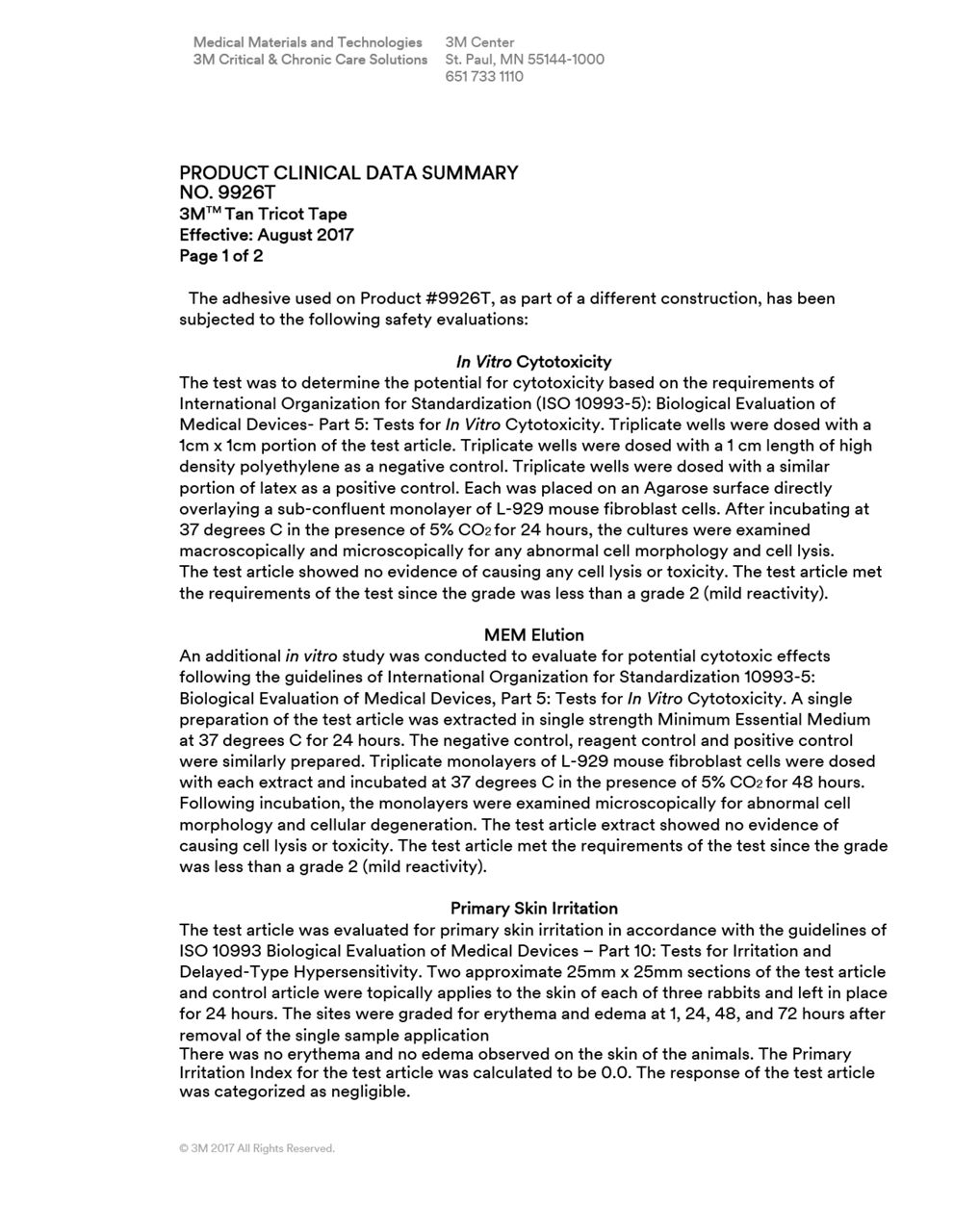 3M™ Medical Tape 9926T, Biocompatibility Summary