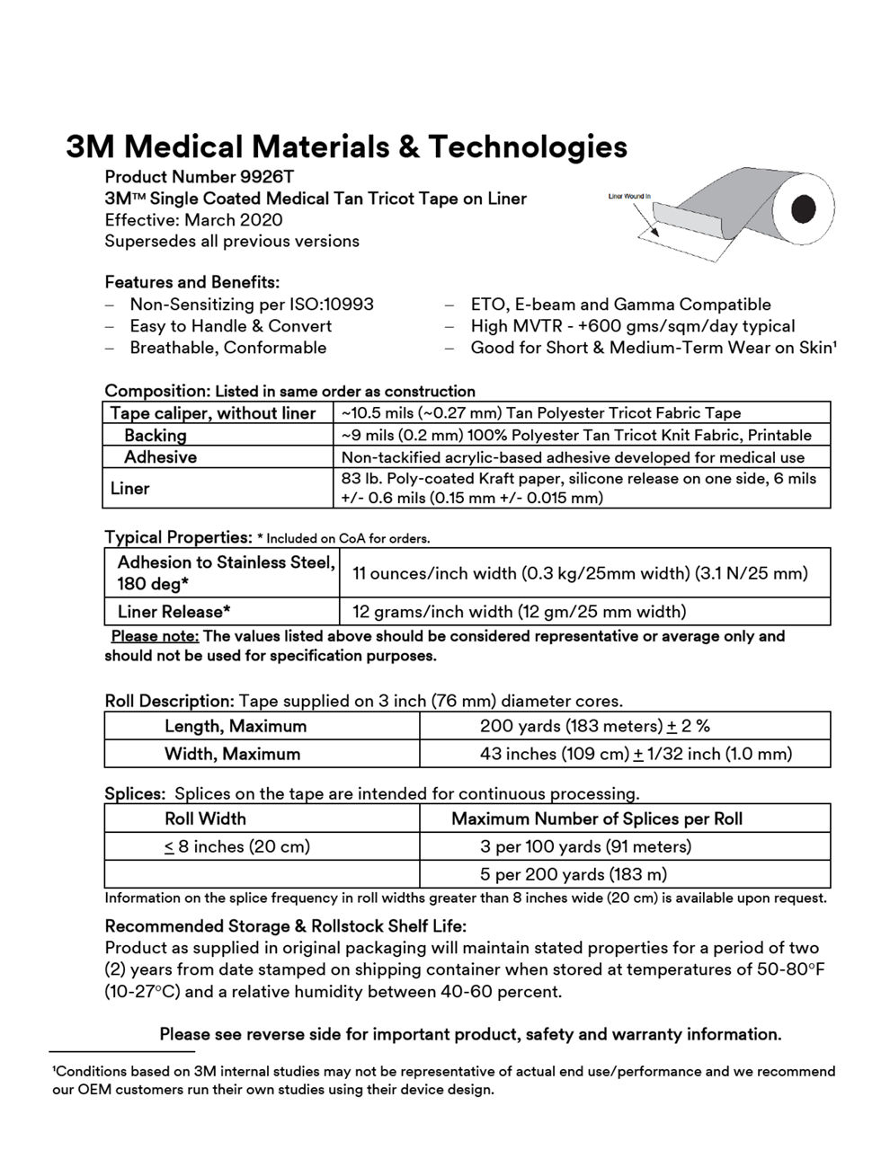 3M™ Medical Tape 9926T, Technical Information Sheet