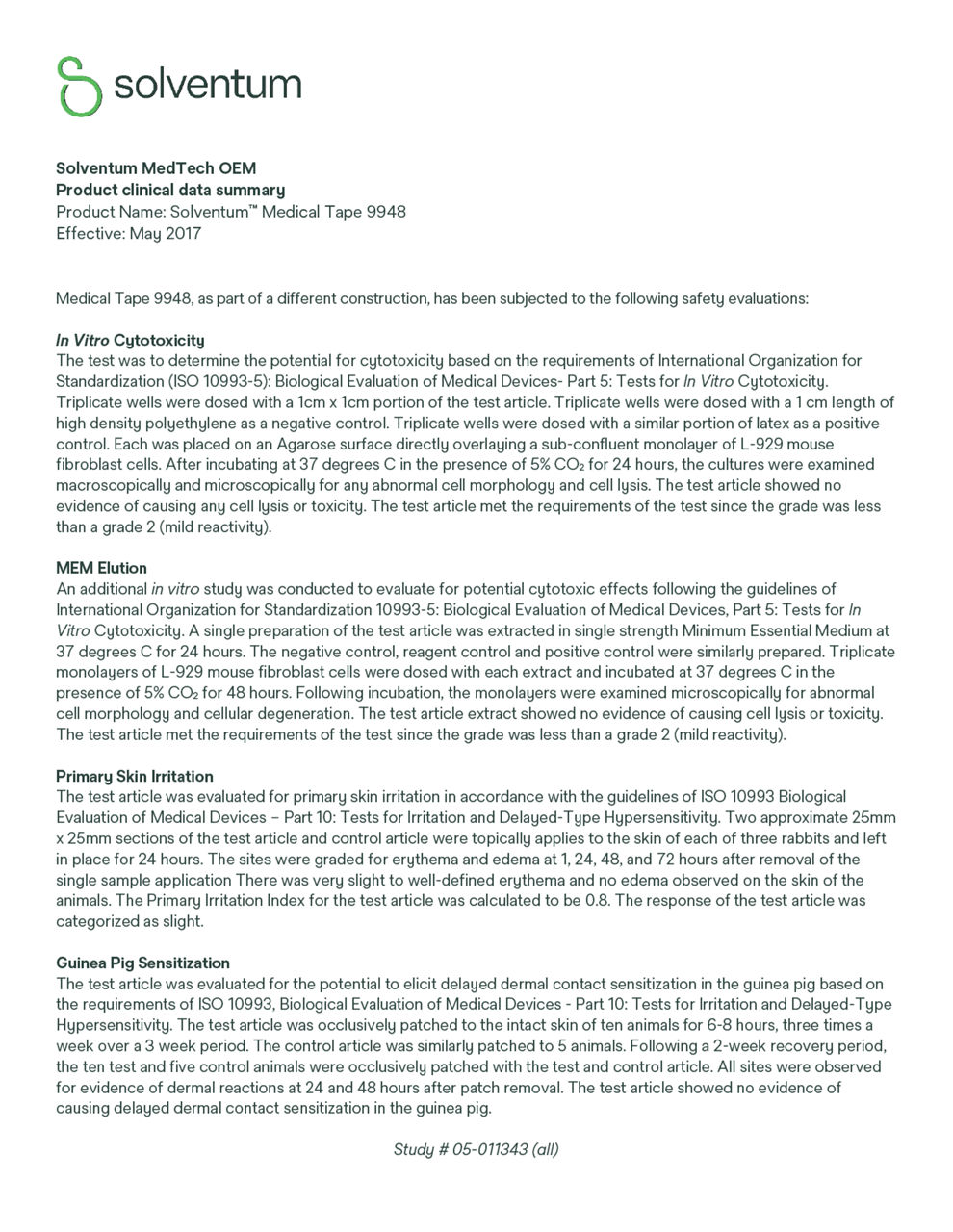 Solventum™ Medical Tape 9948, Clinical Data Summary