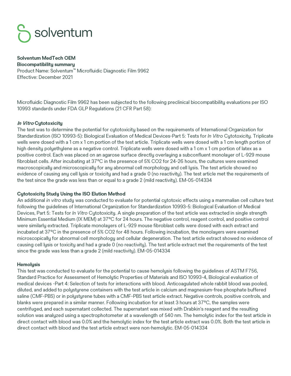 Solventum™ Microfluidic Diagnostic Film 9962, Biocompatibility Summary