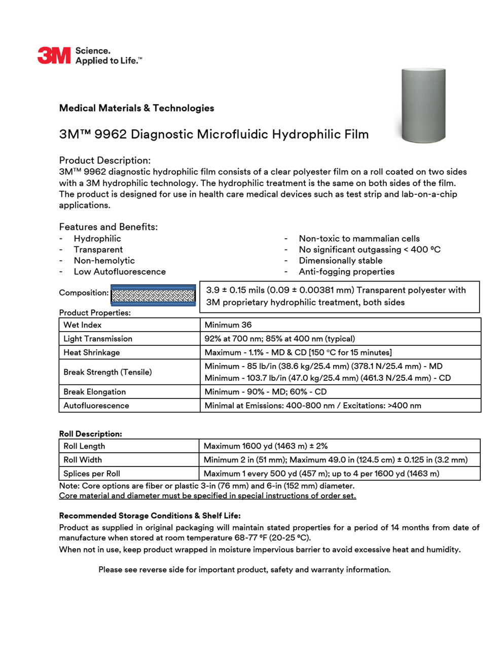 3M™ Hydrophilic Polyester Film 9962, Technical Information Sheet