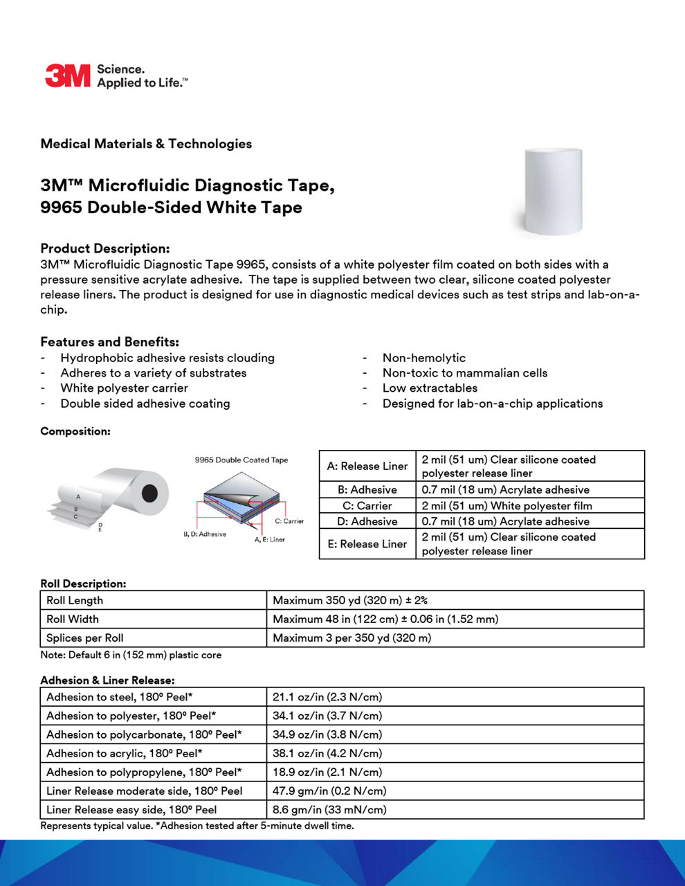 3M™ Microfluidic Diagnostic Tape, 9965 Double-Sided White Tape 