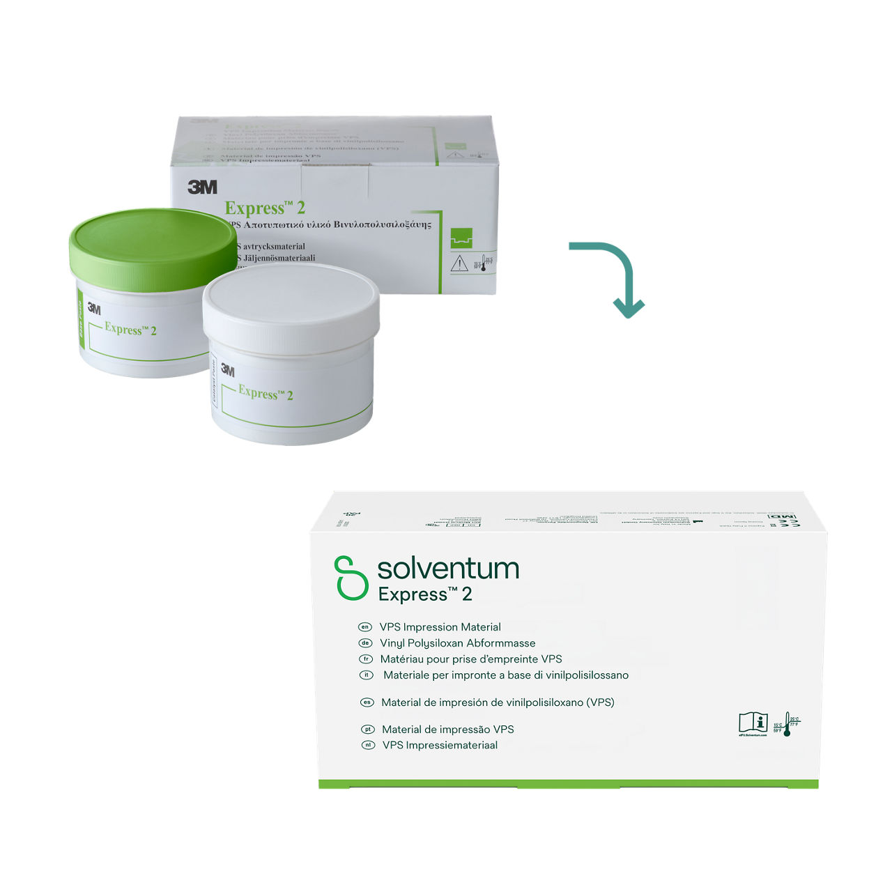 Transition to Solventum™ Express™ 2 VPS Impression Material - Front, Center, In Packaging (1C1)
