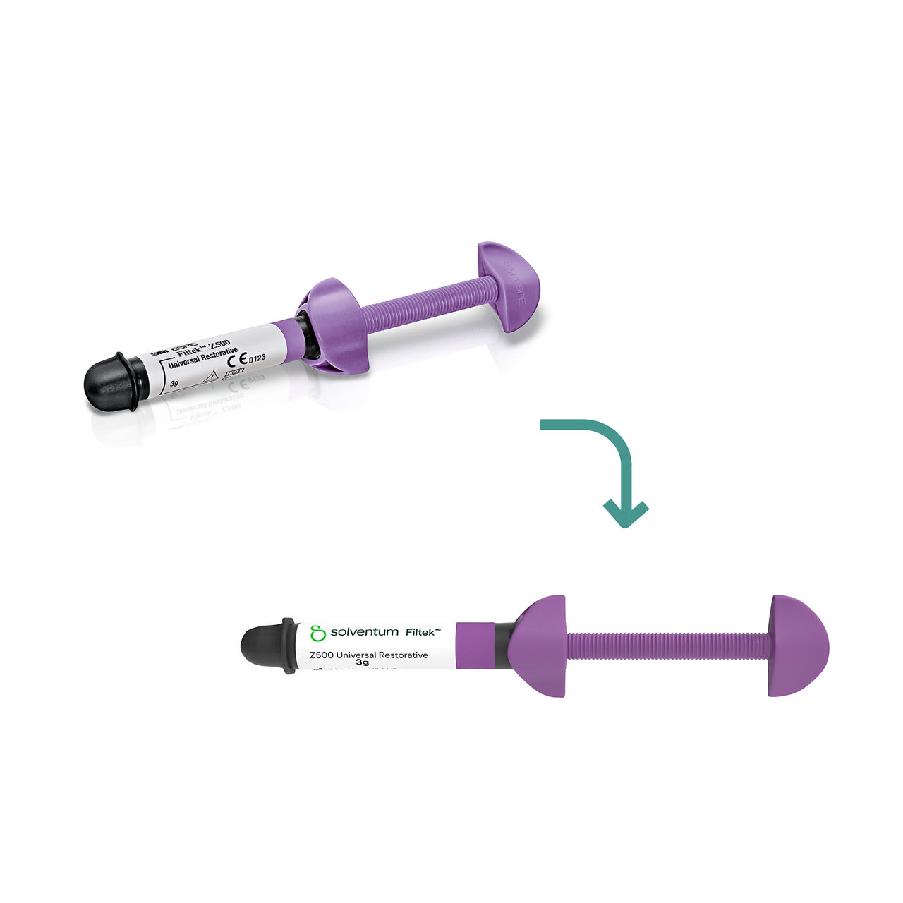 Transition to Solventum™ Filtek™ Z500 Universal Restorative Syringe - Front, Center, Out of Packaging (1C0)