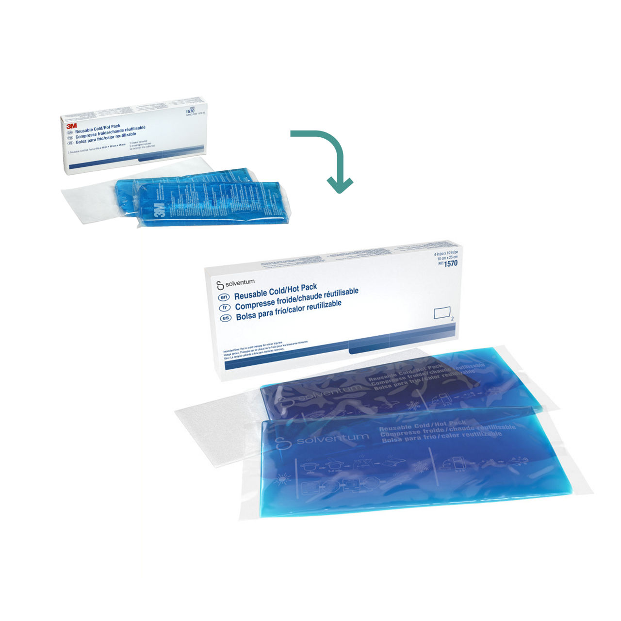 Transition to Solventum™ Reusable Cold/Hot Pack, 1570, 2/CAR, 10 CAR/CS, 20/CS  - Front, Center, In and Out of Packaging (1C10)