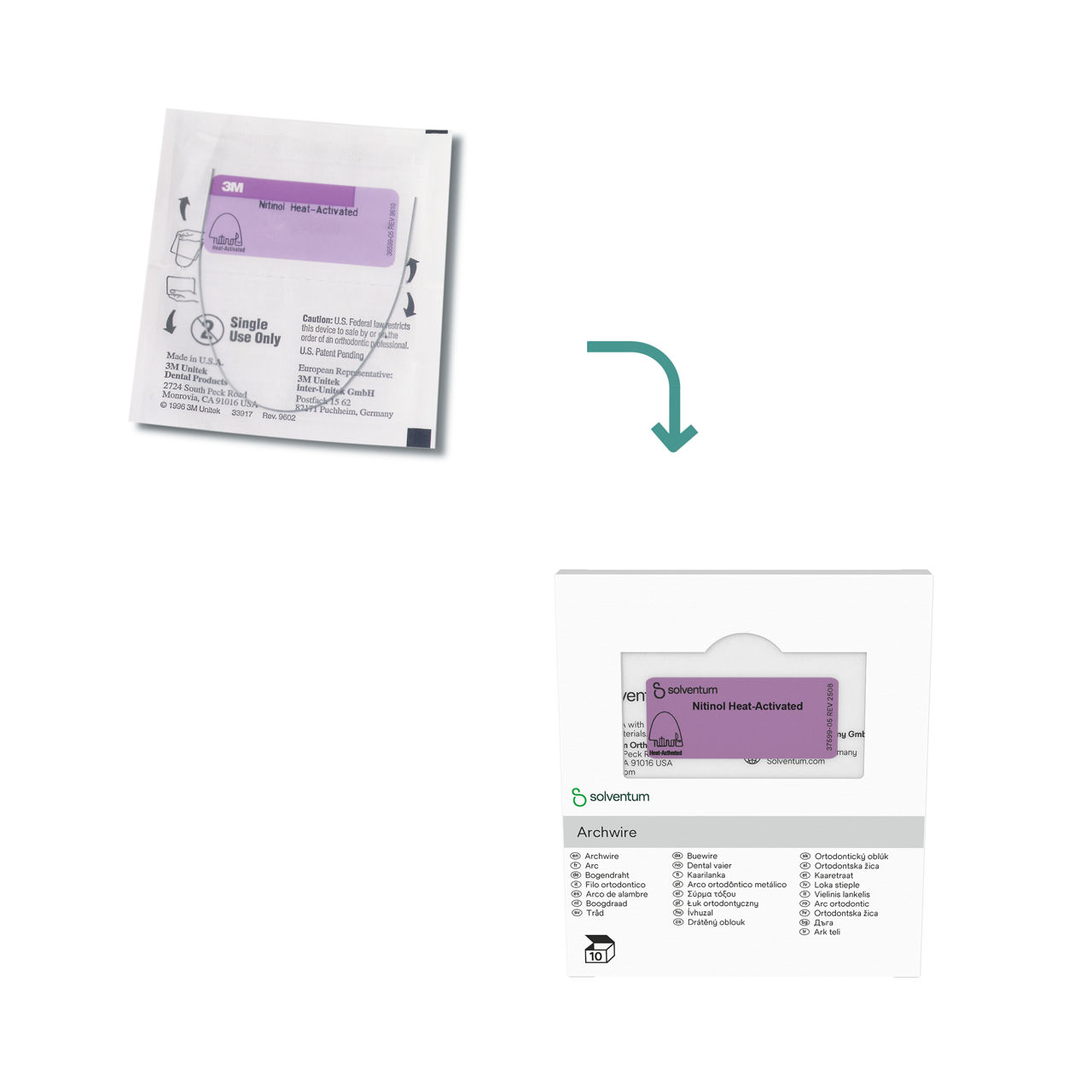 Transition to Solventum™ Nitinol Heat-Activated Archwire, 10/PAC - Front, Center, In Packaging (1C1)