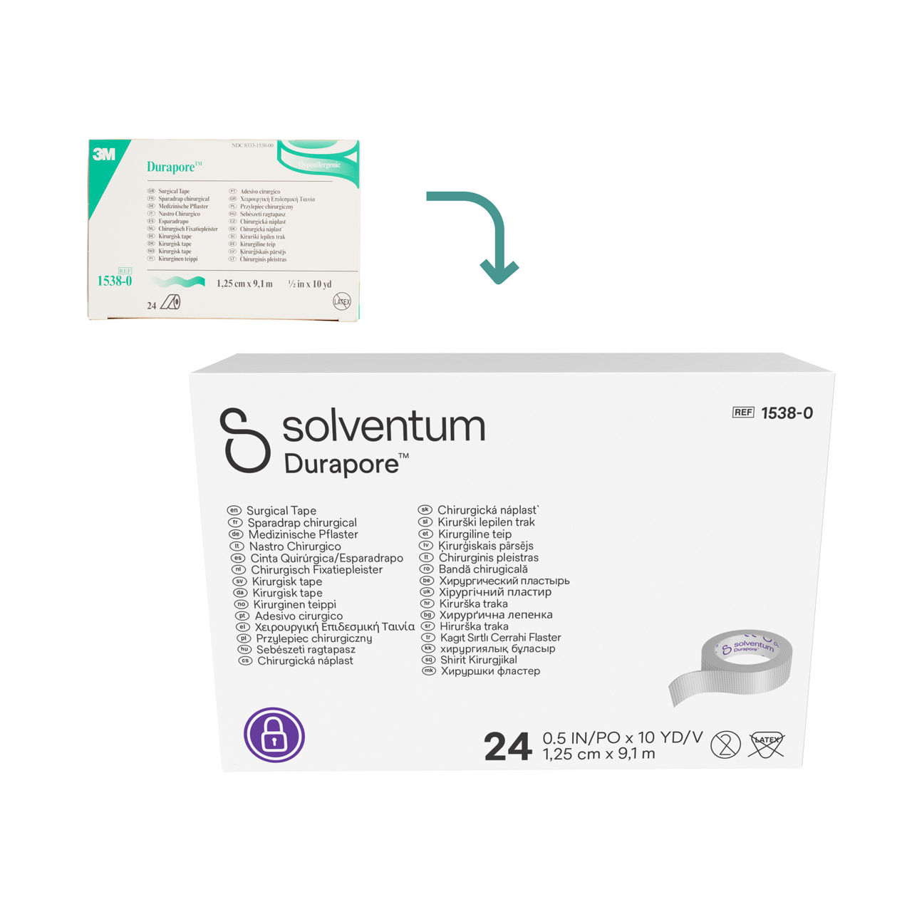 Transition to Solventum™ Durapore™ Surgical Tape - Front, Center, In Packaging (1C1)