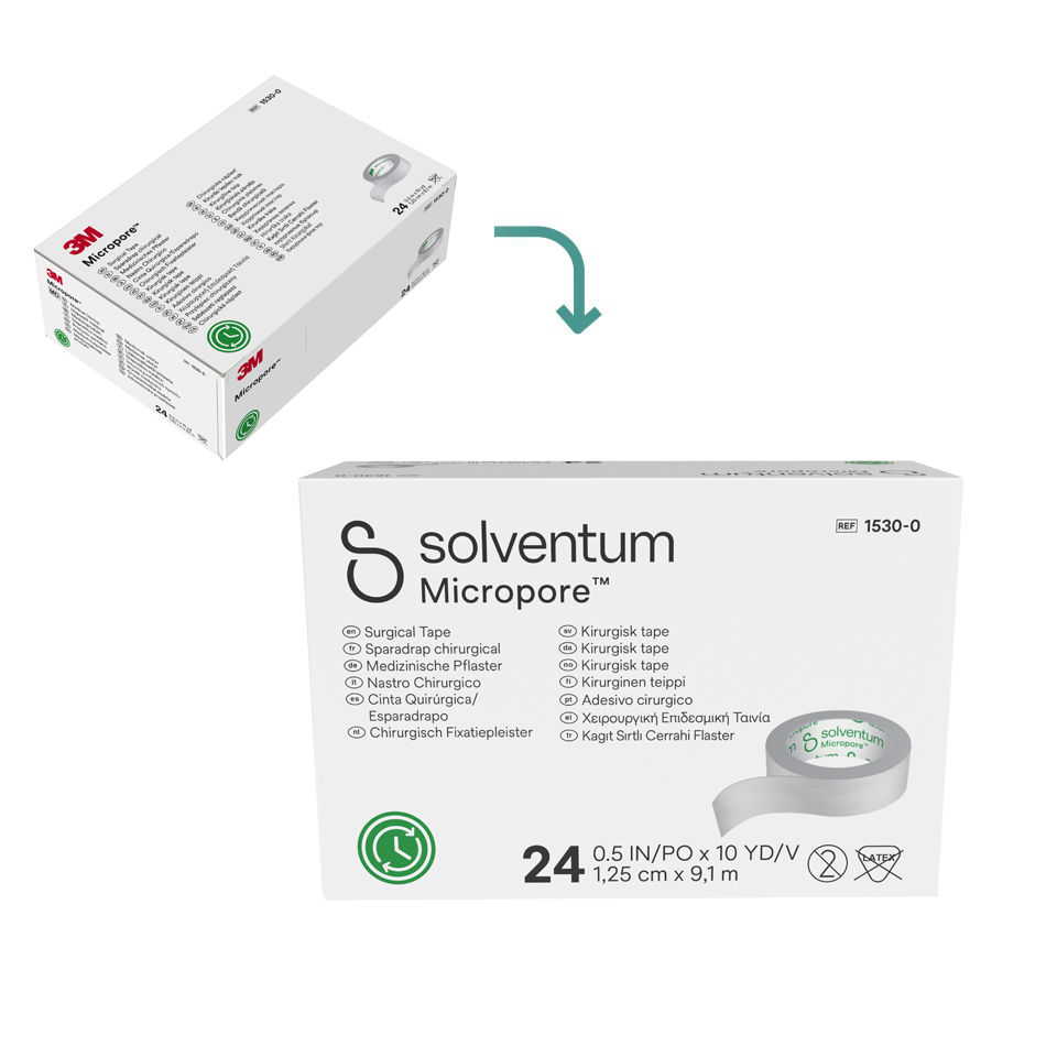 Transition to Solventum™ Micropore™ Surgical Tape Family - Front, Center, In Packaging (1C1)