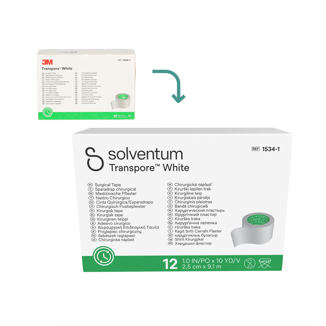 Transition to Solventum™ Transpore™ White Surgical Tape (2.5cm x 1.372 m), Single Use Roll, 100/CAR, 5 CAR/CS, 500/CS -  Front, Center, In Packaging (1C1)