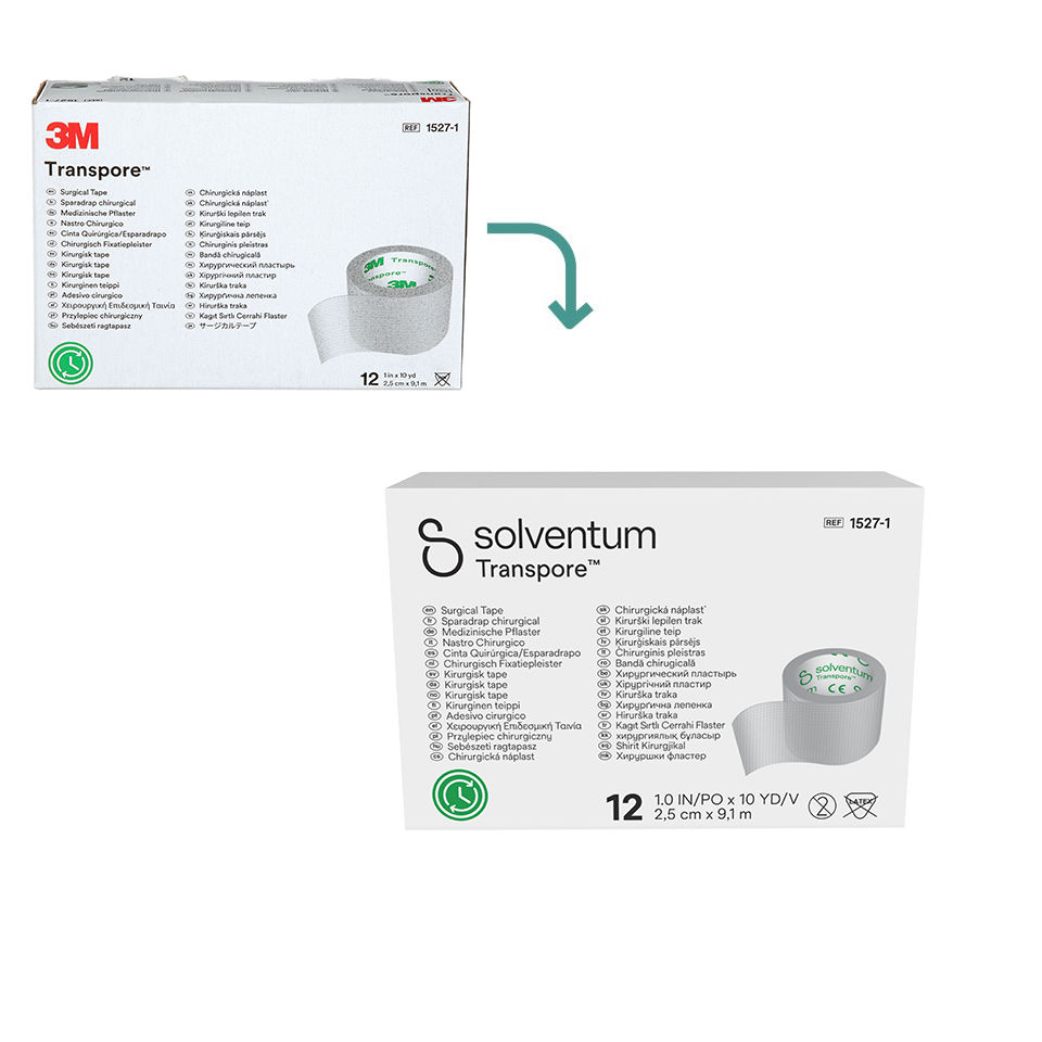 Transition to Solventum™ Transpore™ Surgical Tape Family - Front, Center, In Packaging (1C1)