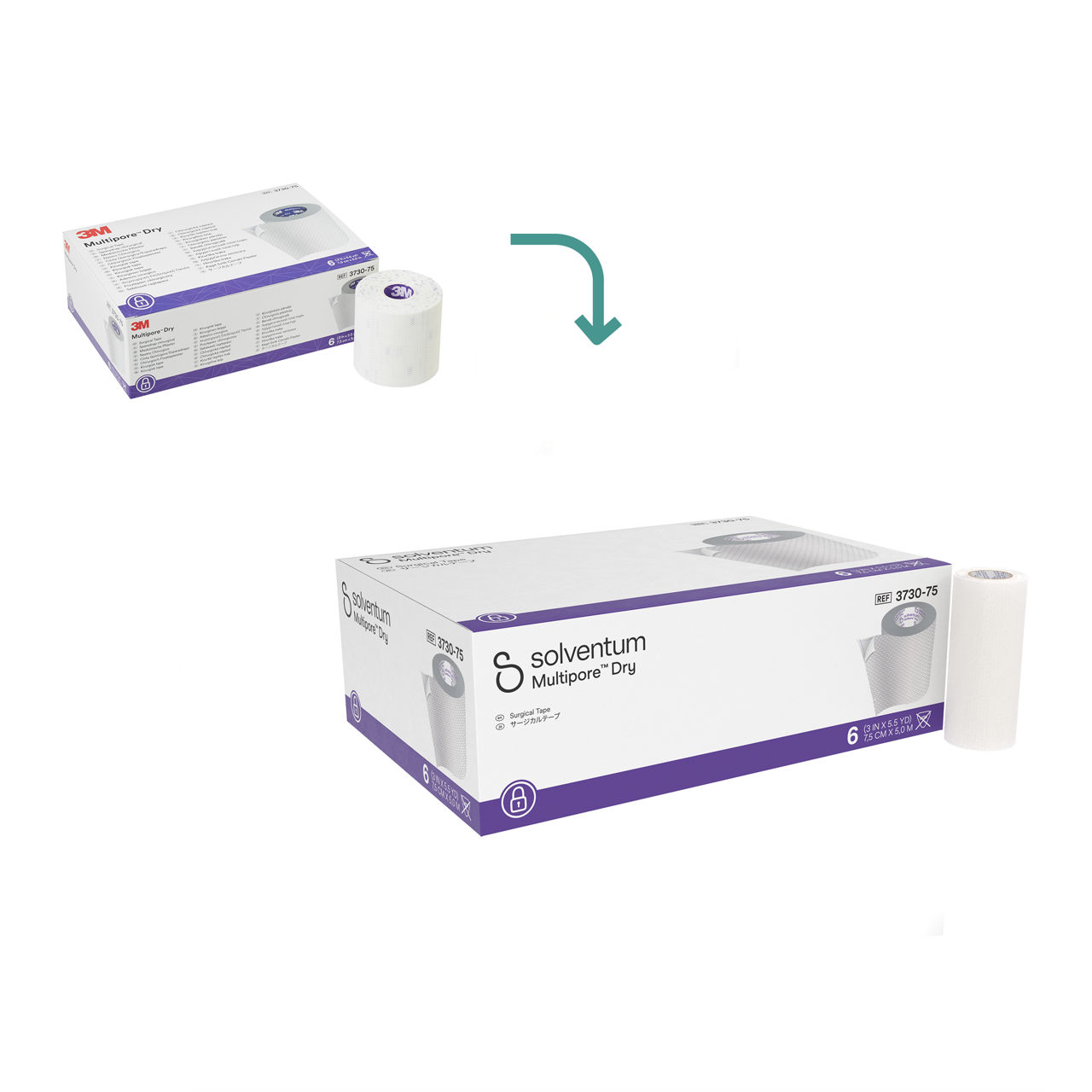 Transition to Solventum™ Multipore™ Dry Surgical Tape - Front, Left, In and Out of Packaging (1L10)