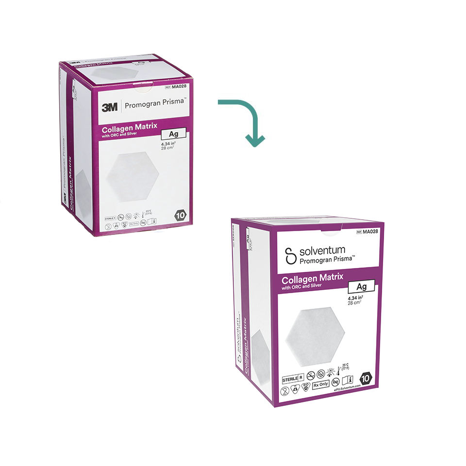 Transition to Solventum™ Promogran™ Collagen Matrix with ORC and Silver - Front, Center, In Packaging (1C1)
