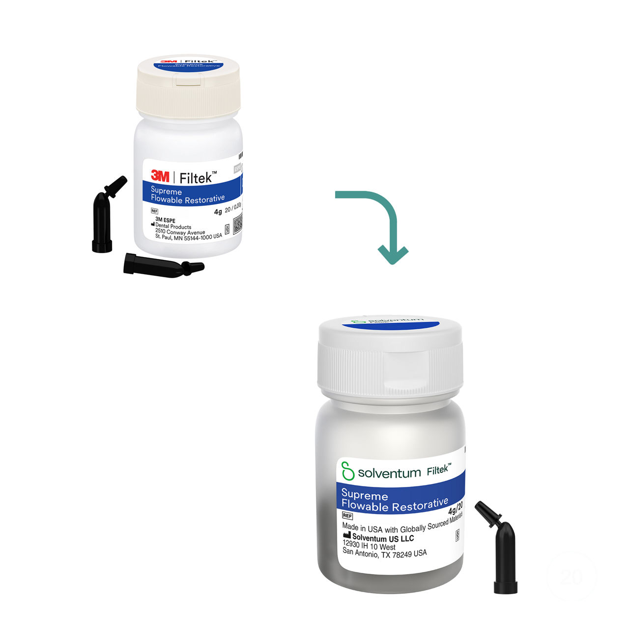 Transition to Solventum™ Filtek™ Supreme Flowable Restorative, Capsule - Front, Center, In and Out of Packaging (1C10)