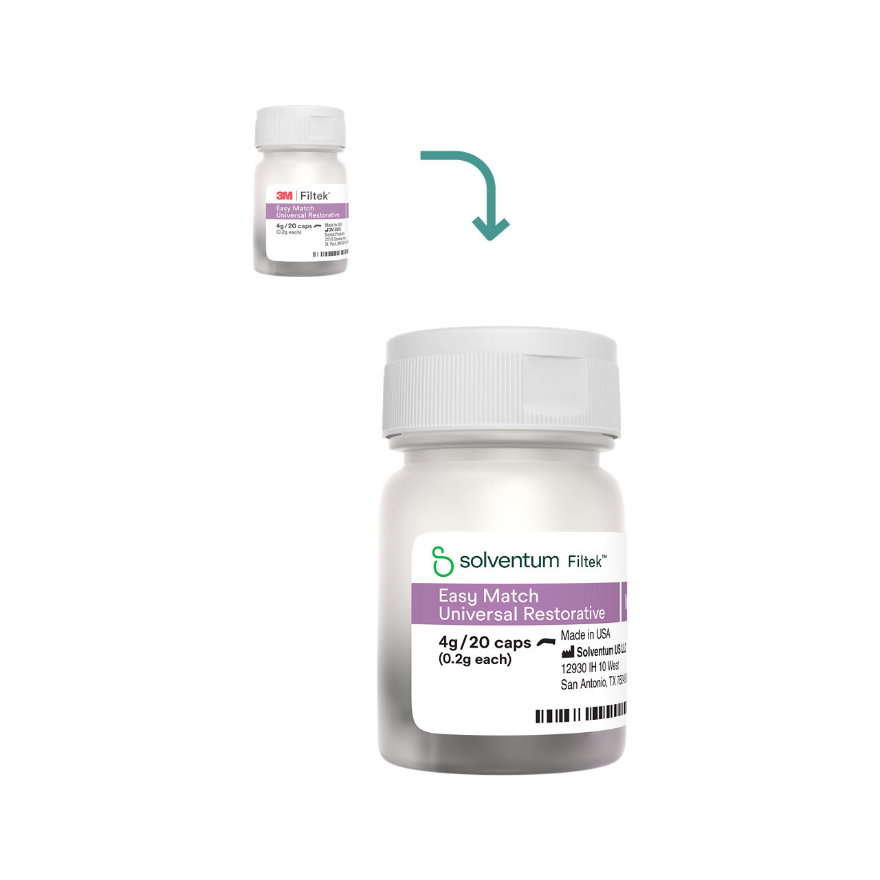 Transition to Solventum™ Filtek™ Easy Match Universal Restorative Capsule Bottle - Front, Center, Out of Packaging (1C0)