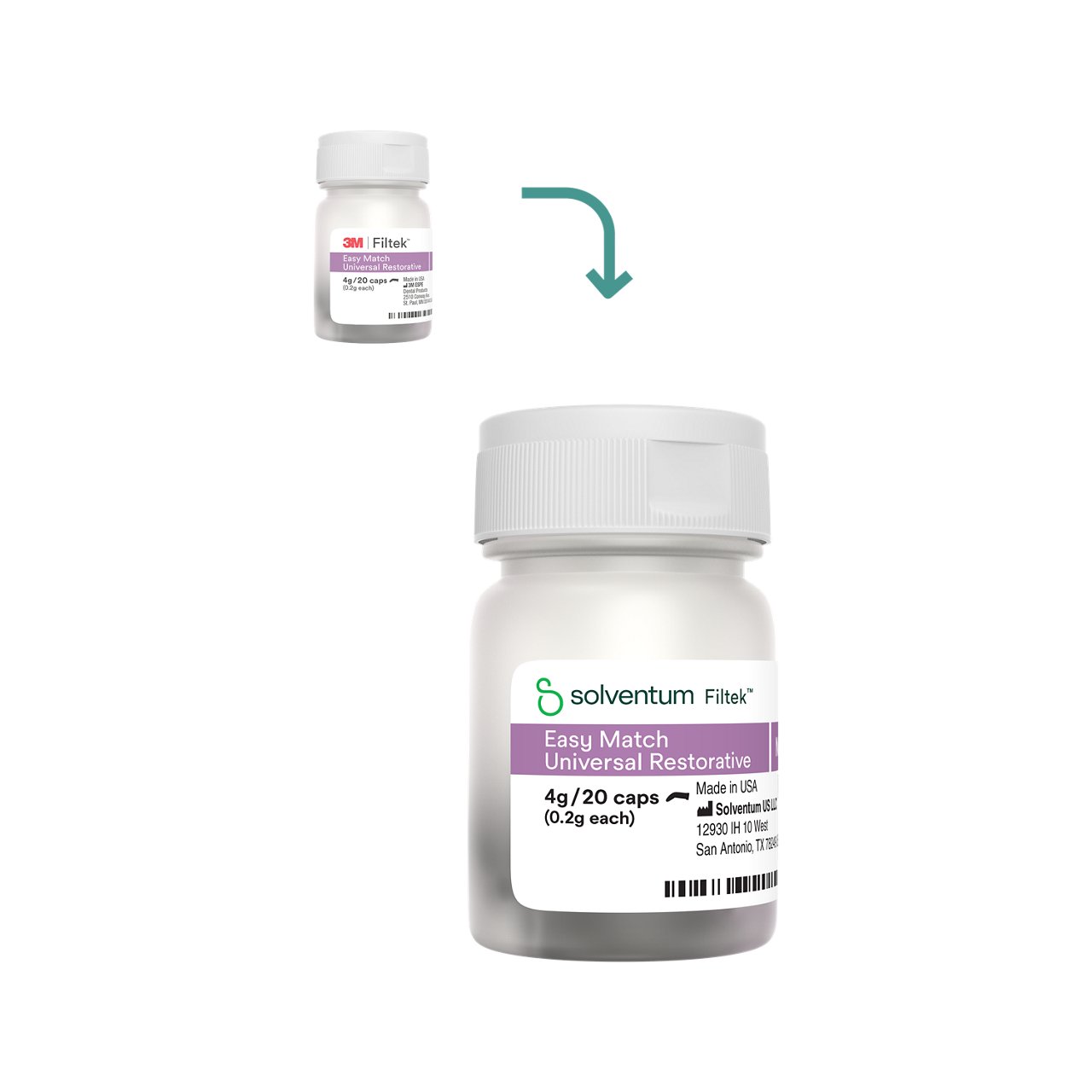 Product image on transparent background for Transition to Solventum™ Filtek™ Easy Match Universal Restorative Capsule Bottle - Front, Center, In Packaging (1C1)