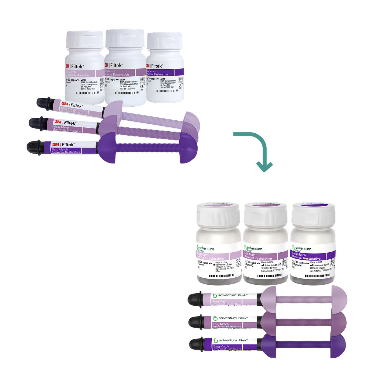 Transition to Solventum™ Filtek™ Easy Match Universal Restorative Capsule Bottles and Syringes - Front, Center, Out of Packaging (1C0)